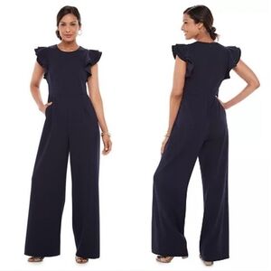 Chaps Navy Jumpsuit with Ruffle Sleeves